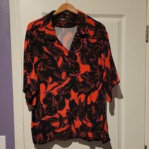 Men's Black and Red Floral Patterned Casual Button Down Shirt